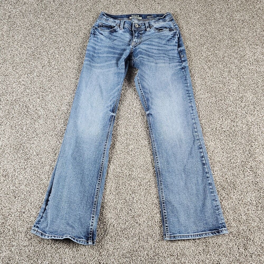 Reclaim Buckle Jeans Mens 26x28 Blue Regular Bootcut Stretch Distressed Grunge